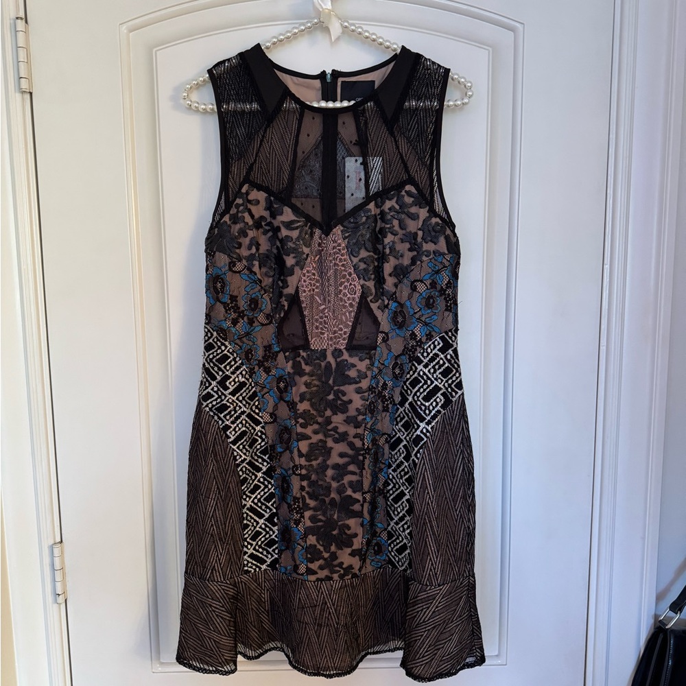 Greylin Black and Tan Sheath Mini Dress Sleeveless Crew Neck